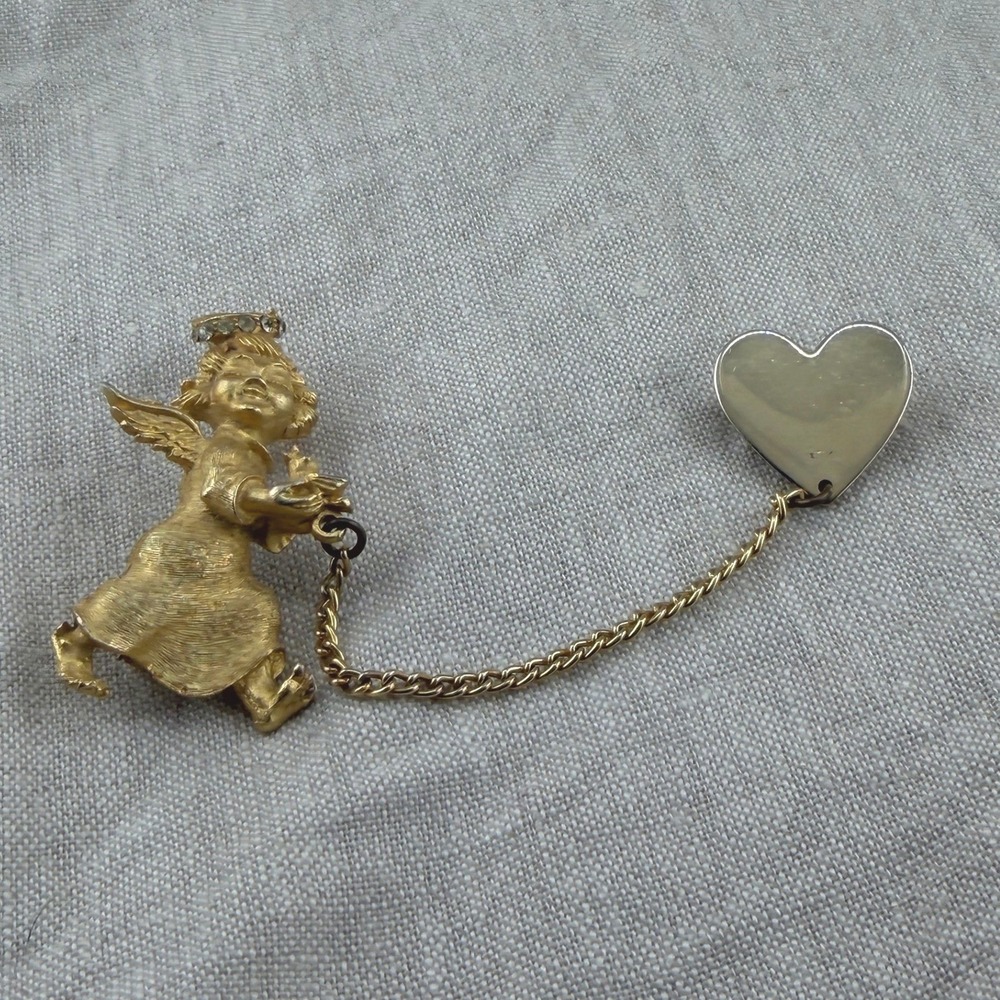 Vintage Angel Brooch with Heart Charm Gold Tone Cherub Pin Romantic Jewelry Gift